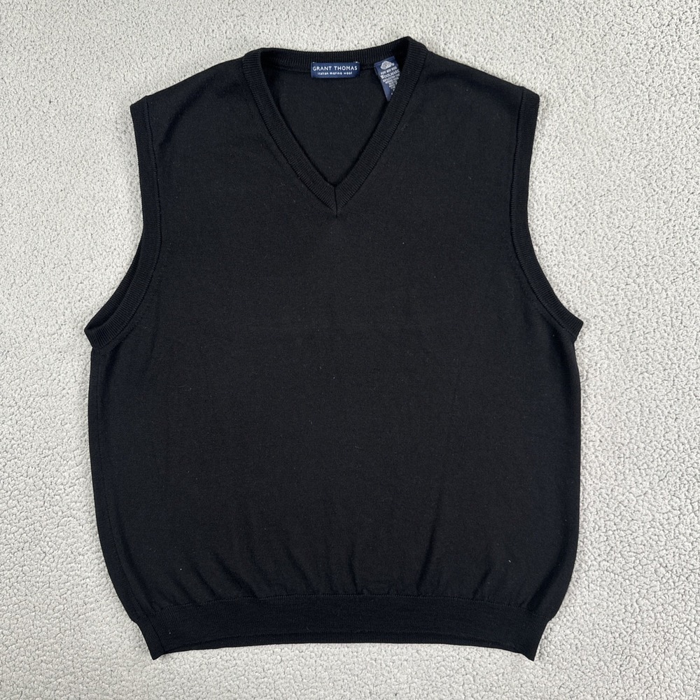 Grant Thomas Italian Merino Wool Sweater Vest Men XL Black V-Neck Made in Italy